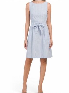 Anne Klein Seersucker Light Blue Striped Sleeveless Bow-Waist Dress 14